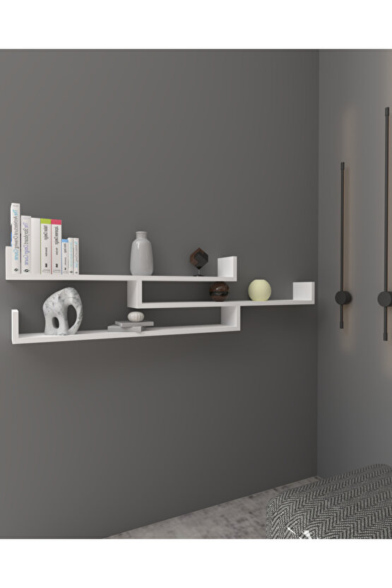 Üçlü Uçan Raf - Tv Rafı - Duvar Rafı - Kitaplık Rafı - Beyaz