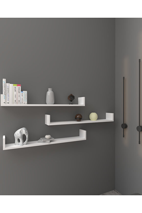 Üçlü Uçan Raf - Tv Rafı - Duvar Rafı - Kitaplık Rafı - Beyaz