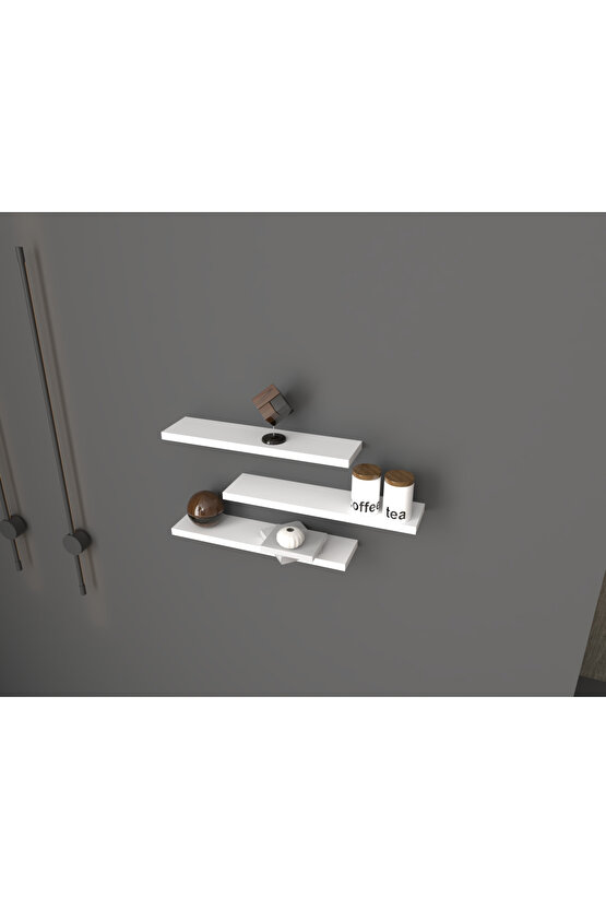 Üçlü Uçan Raf - Tv Rafı - Kitaplık Rafı- Duvar Rafı - Beyaz