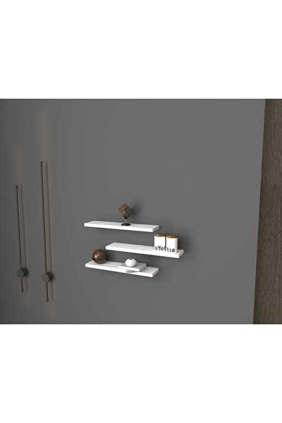 Üçlü Uçan Raf - Tv Rafı - Kitaplık Rafı- Duvar Rafı - Beyaz