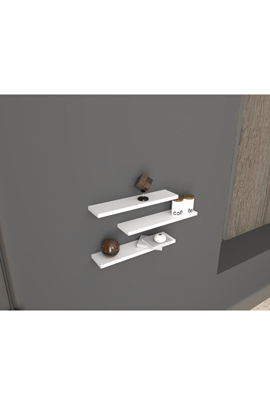 Üçlü Uçan Raf - Tv Rafı - Kitaplık Rafı- Duvar Rafı - Beyaz