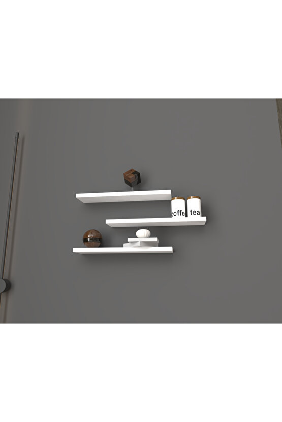 Üçlü Uçan Raf - Tv Rafı - Kitaplık Rafı- Duvar Rafı - Beyaz