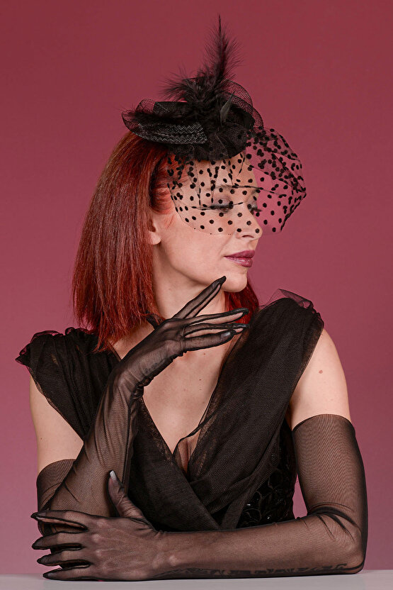 Siyah Puantiyeli Gelin Kepi Nikah Şapkası Ve Uzun Tül Gelin Eldiveni  Kombin Set