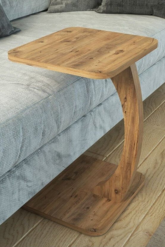 C Ayaklı Modern Yan Sehpa Koltuk Yanı Laptop Kahve Kitap Şehpası Servis Sehpası Kare Çam