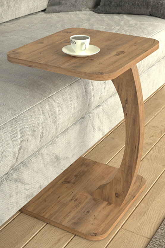 C Ayaklı Modern Yan Sehpa Koltuk Yanı Laptop Kahve Kitap Şehpası Servis Sehpası Kare Çam