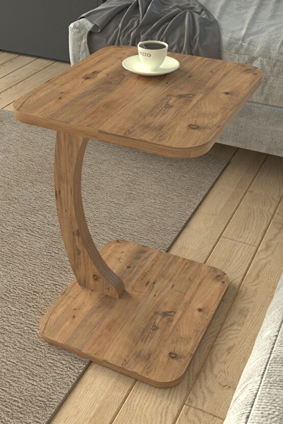 C Ayaklı Modern Yan Sehpa Koltuk Yanı Laptop Kahve Kitap Şehpası Servis Sehpası Kare Çam