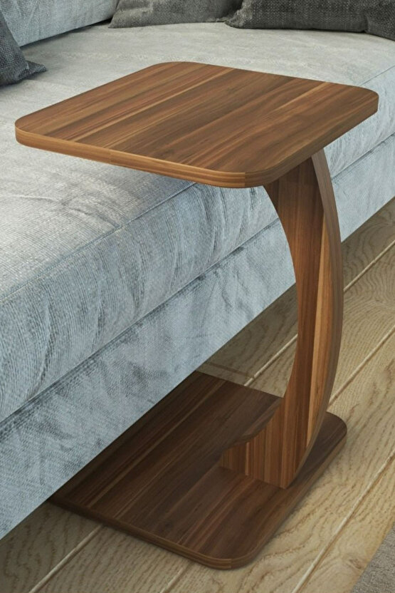 C Ayaklı Modern Yan Sehpa Koltuk Yanı Laptop Kahve Kitap Şehpası Servis Sehpası Dikdörtgen Ceviz