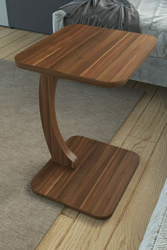 C Ayaklı Modern Yan Sehpa Koltuk Yanı Laptop Kahve Kitap Şehpası Servis Sehpası Dikdörtgen Ceviz