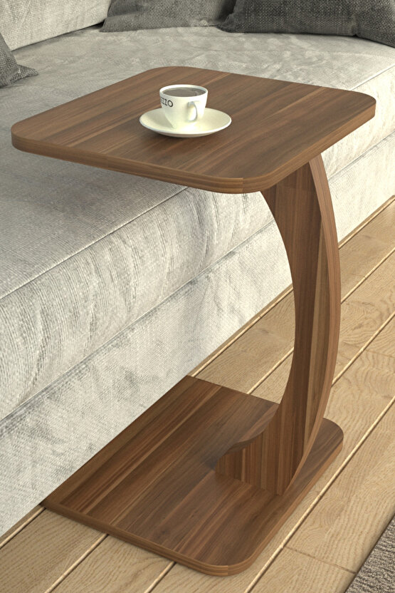 C Ayaklı Modern Yan Sehpa Koltuk Yanı Laptop Kahve Kitap Şehpası Servis Sehpası Dikdörtgen Ceviz