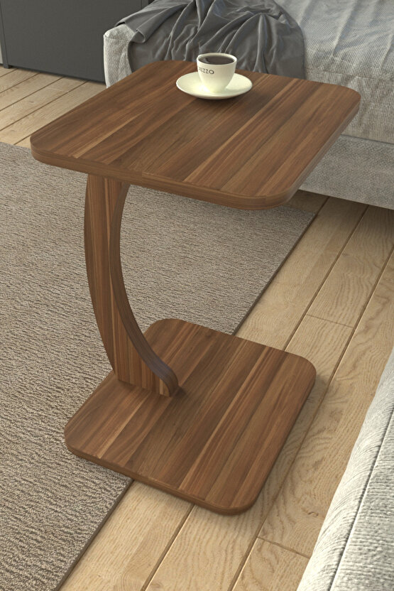 C Ayaklı Modern Yan Sehpa Koltuk Yanı Laptop Kahve Kitap Şehpası Servis Sehpası Dikdörtgen Ceviz