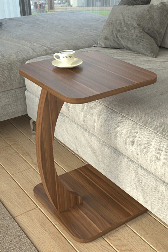 C Ayaklı Modern Yan Sehpa Koltuk Yanı Laptop Kahve Kitap Şehpası Servis Sehpası Dikdörtgen Ceviz