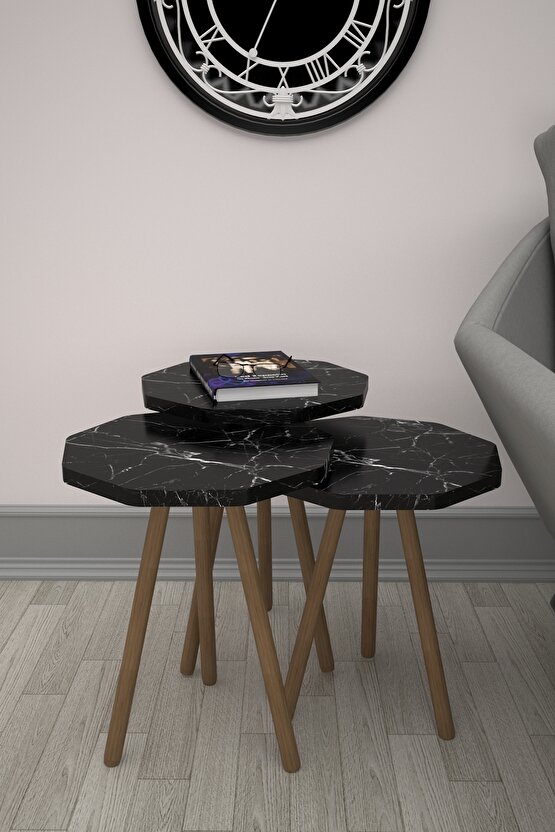 Ahşap Ayaklı Zigon Sehpa Üçlü Bendir Siyah Mermer Desenli Çokgen Sunum Sehpası