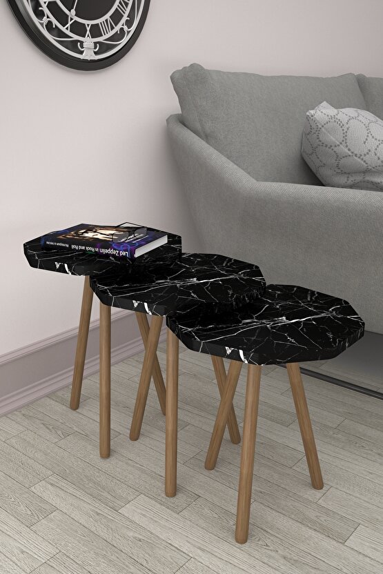 Ahşap Ayaklı Zigon Sehpa Üçlü Bendir Siyah Mermer Desenli Çokgen Sunum Sehpası