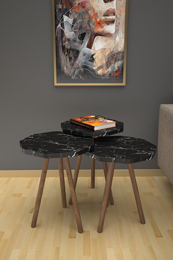 Ahşap Ayaklı Zigon Sehpa Üçlü Bendir Siyah Mermer Desenli Çokgen Sunum Sehpası