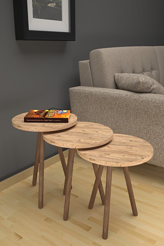 3’lü Yuvarlak Zigon Sehpa Takımı – Ahşap Ayaklı, Modern Tarz, Kahve Ve Sunum Sehpası