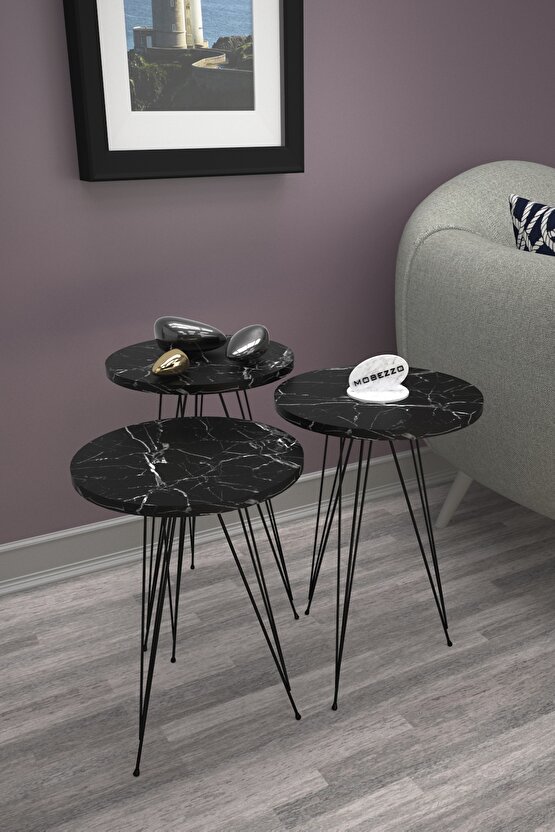 3’lü Siyah Mermer Desenli Zigon Sehpa Takımı | Siyah Metal Ayaklı Modern Yan Sehpa | Salon Dekoru