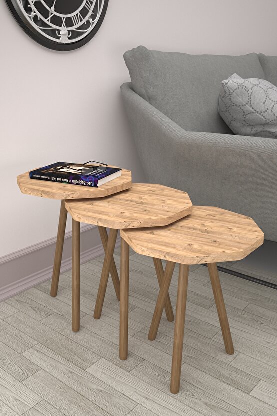 Ahşap Ayaklı Zigon Sehpa 3lü Atlantik Çam Çokgen