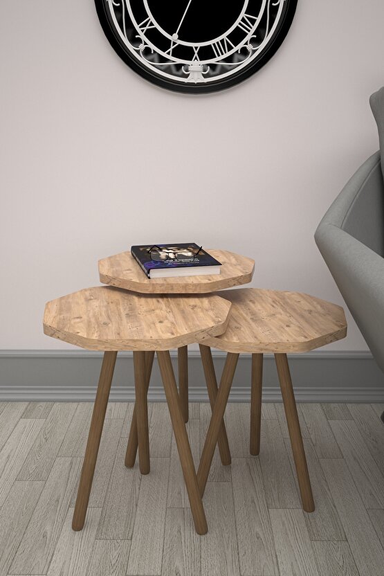 Ahşap Ayaklı Zigon Sehpa 3lü Atlantik Çam Çokgen