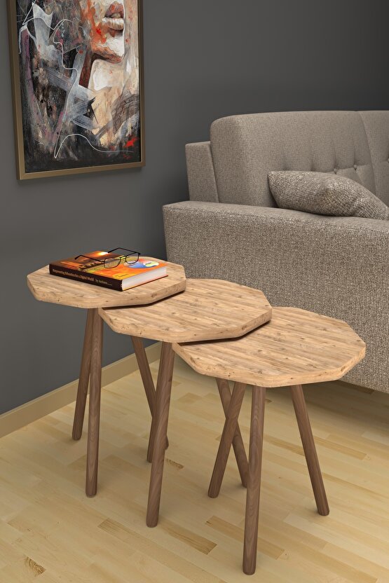 Ahşap Ayaklı Zigon Sehpa 3lü Atlantik Çam Çokgen