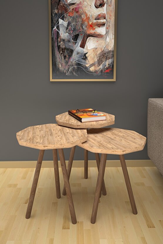 Ahşap Ayaklı Zigon Sehpa 3lü Atlantik Çam Çokgen