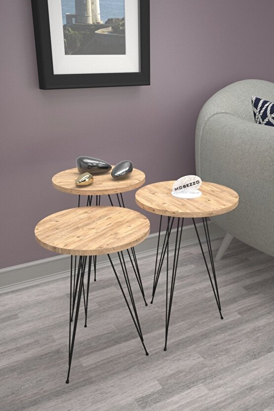 3’lü Zigon Sehpa Takımı | Siyah Metal Ayaklı Modern Yan Sehpa | Salon Dekoru Atlantik Çam