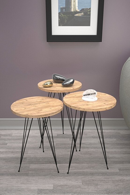 3’lü Zigon Sehpa Takımı | Siyah Metal Ayaklı Modern Yan Sehpa | Salon Dekoru Atlantik Çam