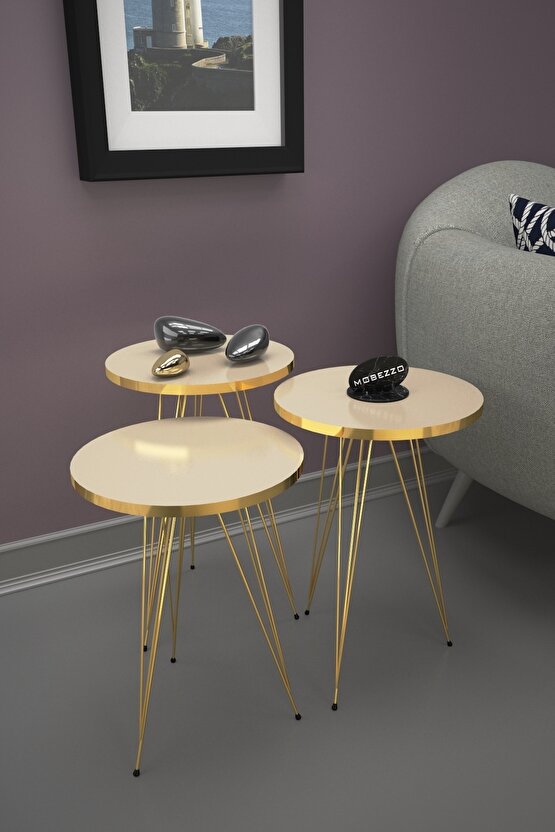 3lü Zigon Sehpa Gold Metal Ayak Krem