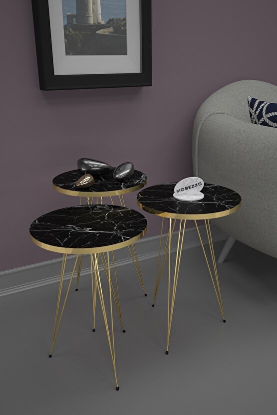 3lü Zigon Sehpa Gold Metal Ayak Siyah Mermer
