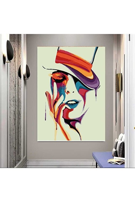 Sayılarla Boyama Kasnaklı Tablo Seti Fırça Boya Dahil 40x50 Şapkalı Kadın