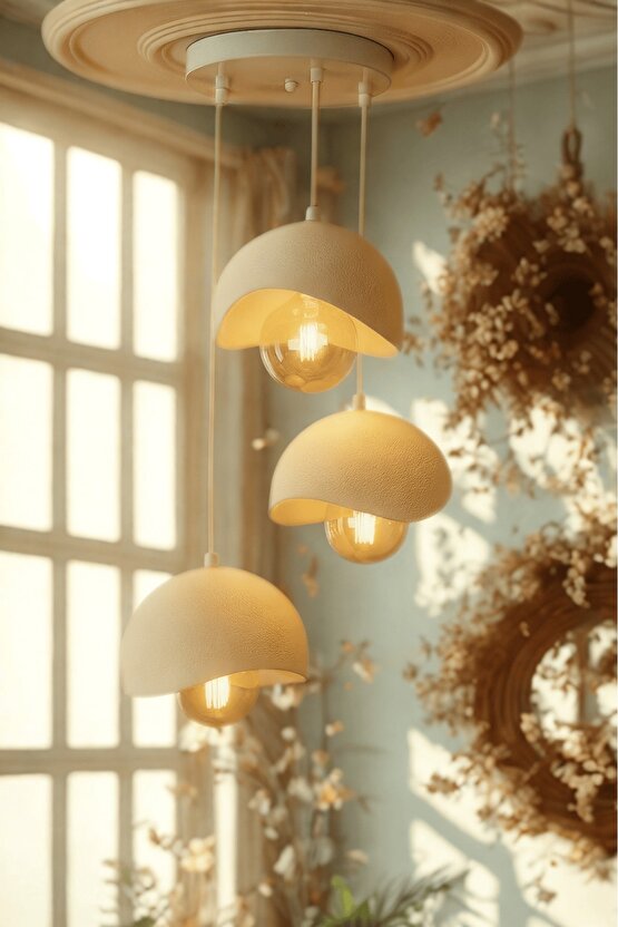 Beyaz Modern Dekoratif BOHEM ve RUSTİK 3lü Beton Görünüm Sarkıt Avize (Rustik Ampul Hediyedir)