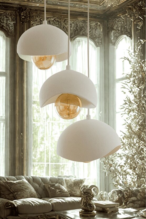 Beyaz Modern Dekoratif BOHEM ve RUSTİK 3lü Beton Görünüm Sarkıt Avize (Rustik Ampul Hediyedir)