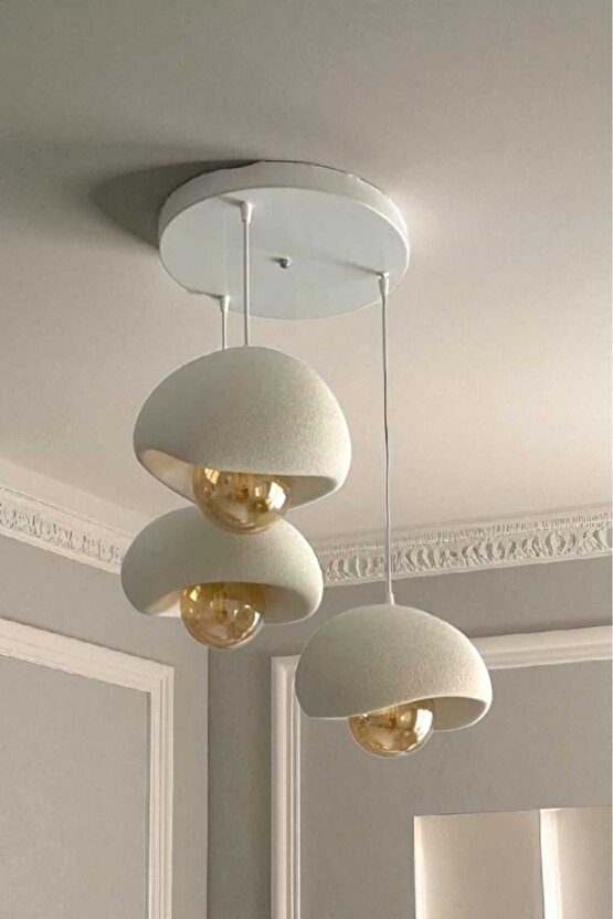 Beyaz Modern Dekoratif BOHEM ve RUSTİK 3lü Beton Görünüm Sarkıt Avize (Rustik Ampul Hediyedir)