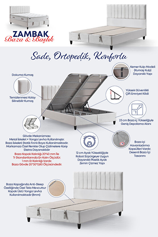 Zambak Modeli Full Ortopedik Çift Kişilik Pedli Yataklı Baza ve Başlık Takımı 3 lü Set