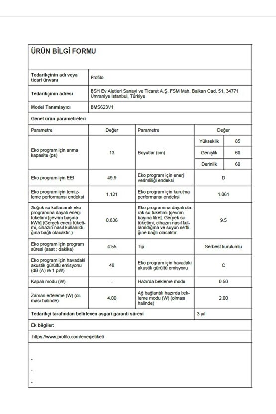 BMS623V1 6 Programlı Bulaşık Makinesi