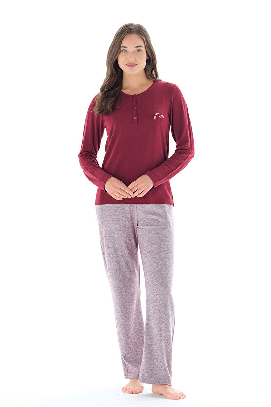 Kadın Yakası Düğmeli Çicek Desenli Jakarlı 3lü Pijama Takımı