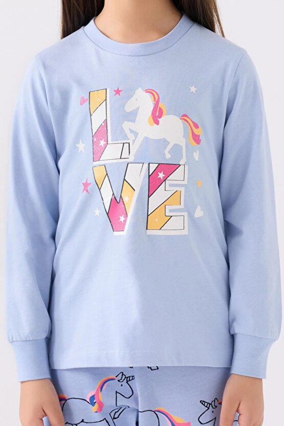 Kız Çocuk Mavi Uzun Kol Pijama Takım