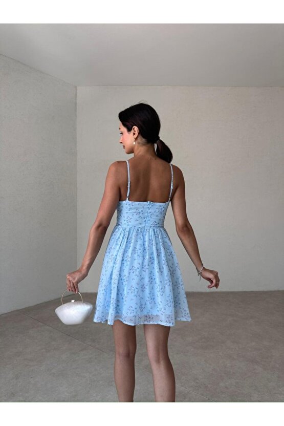 Çiçek Desenli Mini Mavi Elbise