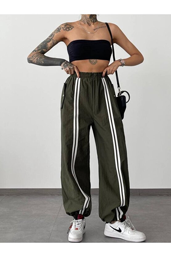 Cep Detaylı Lastikli Haki Paraşüt Pantolon