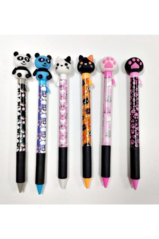 Sevimli Kedi Ve Panda Figürlü 0.7 Uçlu Kalem 6lı Set