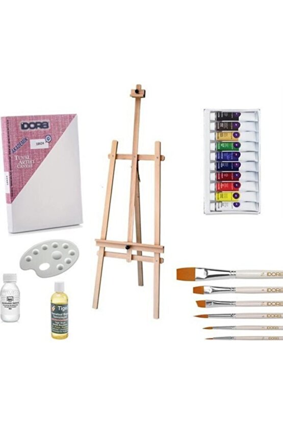 Yağlı Boya Başlangıç Seti Ahşap Şövale 175 Cm Boyanabilir Verniklenebilir