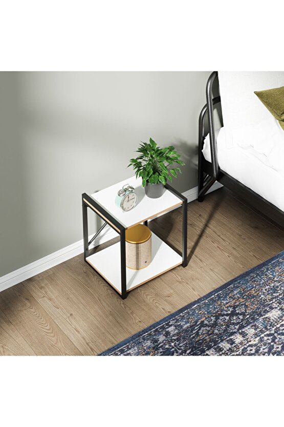 Çok Amaçlı Komodin Metal Ayaklı Raflı Sehpa Beyaz 1383