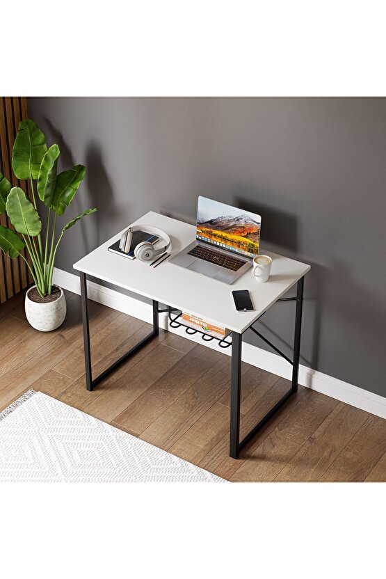 Bilgisayar Masası Raflı Çalışma Laptop Masası Beyaz 1342