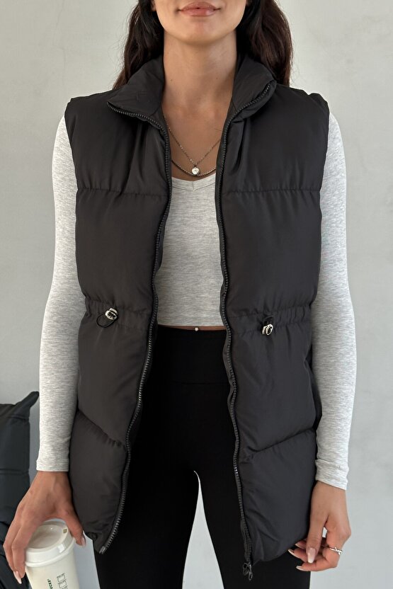 Kadın Siyah Şişme Yelek - Kapüşonsuz Uzun Fermuarlı Cepli Kışlık Spor Şişme Mont Yelek