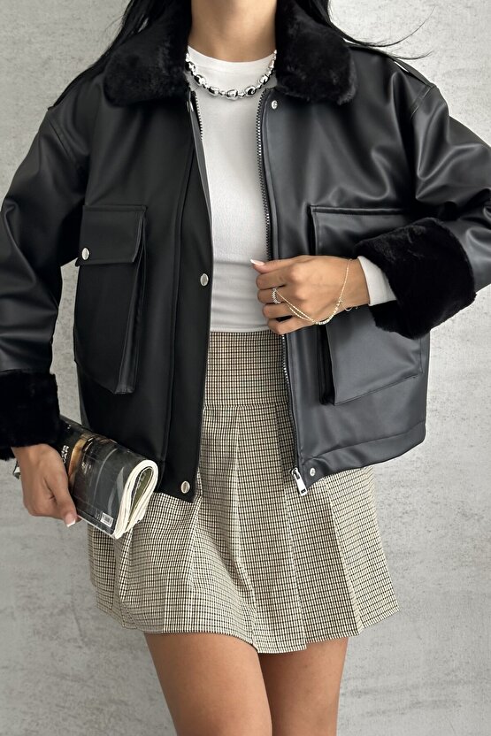 Kadın Suni Deri İçi Kürklü Oversize Bomber Ceket – Kışlık Peluş Detaylı Deri Mont