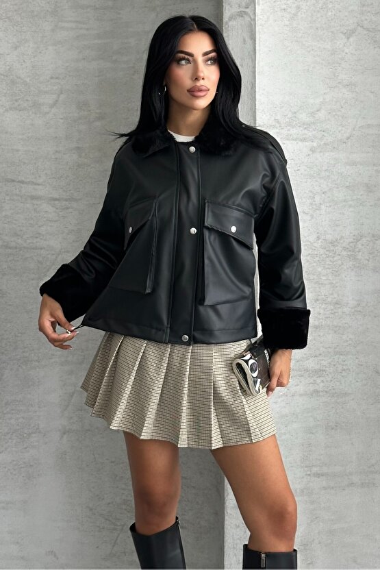 Kadın Suni Deri İçi Kürklü Oversize Bomber Ceket – Kışlık Peluş Detaylı Deri Mont