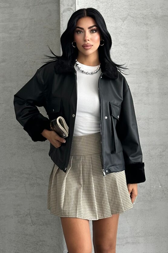 Kadın Suni Deri İçi Kürklü Oversize Bomber Ceket – Kışlık Peluş Detaylı Deri Mont