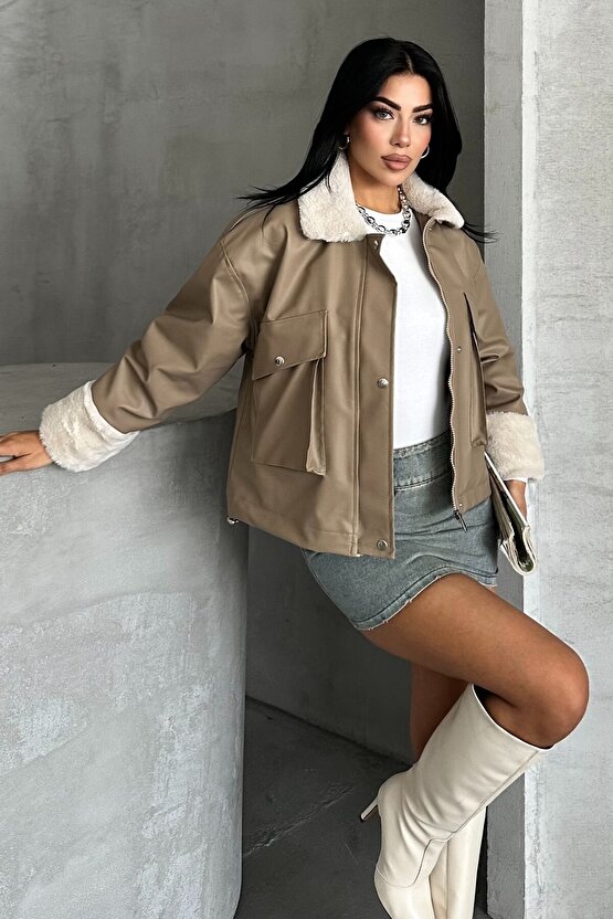 Kadın Suni Deri İçi Kürklü Oversize Bomber Ceket – Kışlık Peluş Detaylı Deri Mont