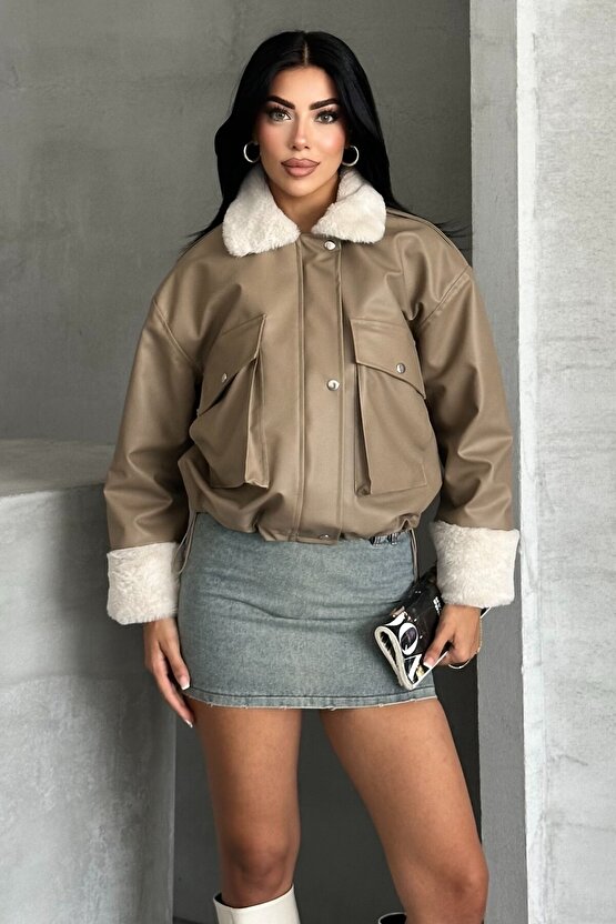 Kadın Suni Deri İçi Kürklü Oversize Bomber Ceket – Kışlık Peluş Detaylı Deri Mont