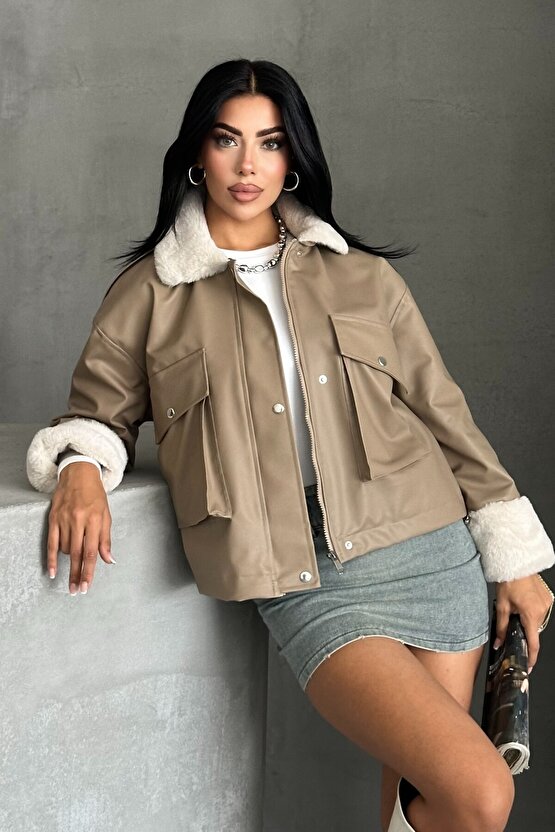 Kadın Suni Deri İçi Kürklü Oversize Bomber Ceket – Kışlık Peluş Detaylı Deri Mont