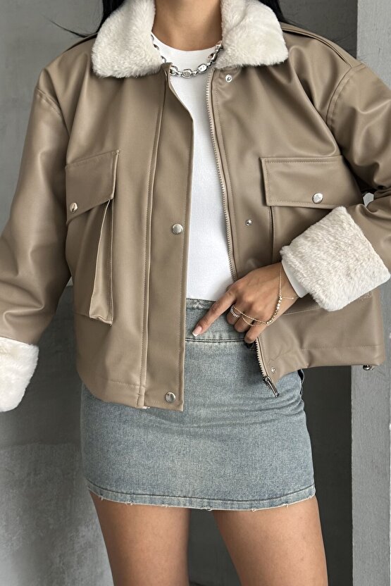 Kadın Suni Deri İçi Kürklü Oversize Bomber Ceket – Kışlık Peluş Detaylı Deri Mont